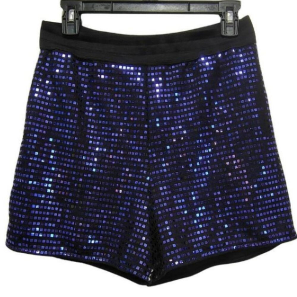 Womens Blue Sequin Shorts High Waist Medium Stretch Dance Festival Glam